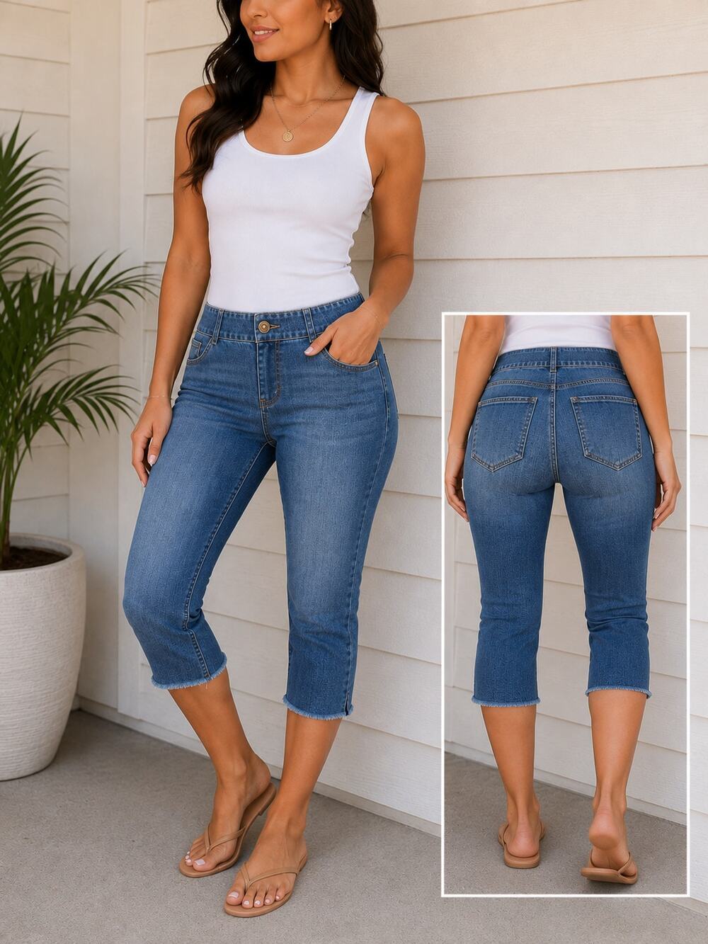 FECN Denim Pull-On Capri Jeans Blue Stretch Raw Hem Size Small